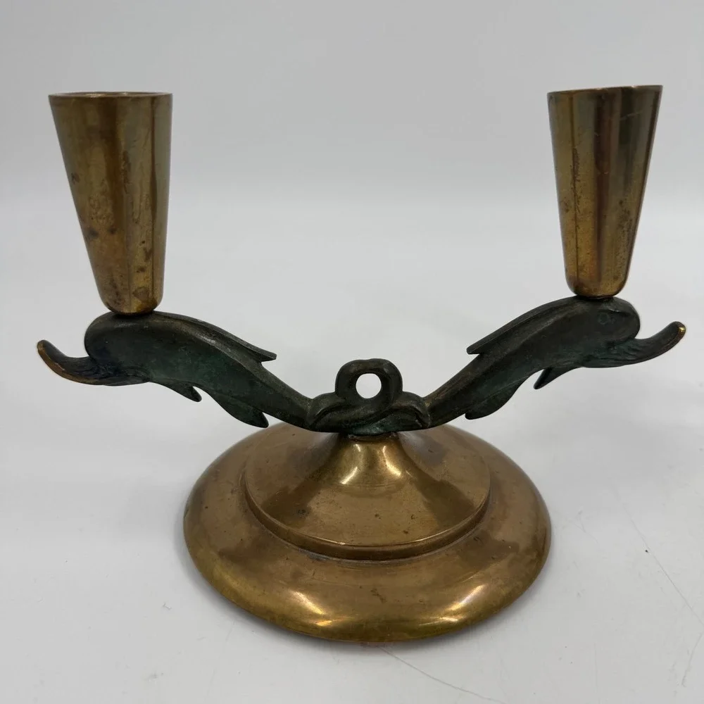 Vintage Bronze Dolphin Candlestick‎ Holders Pair Made in Denmark